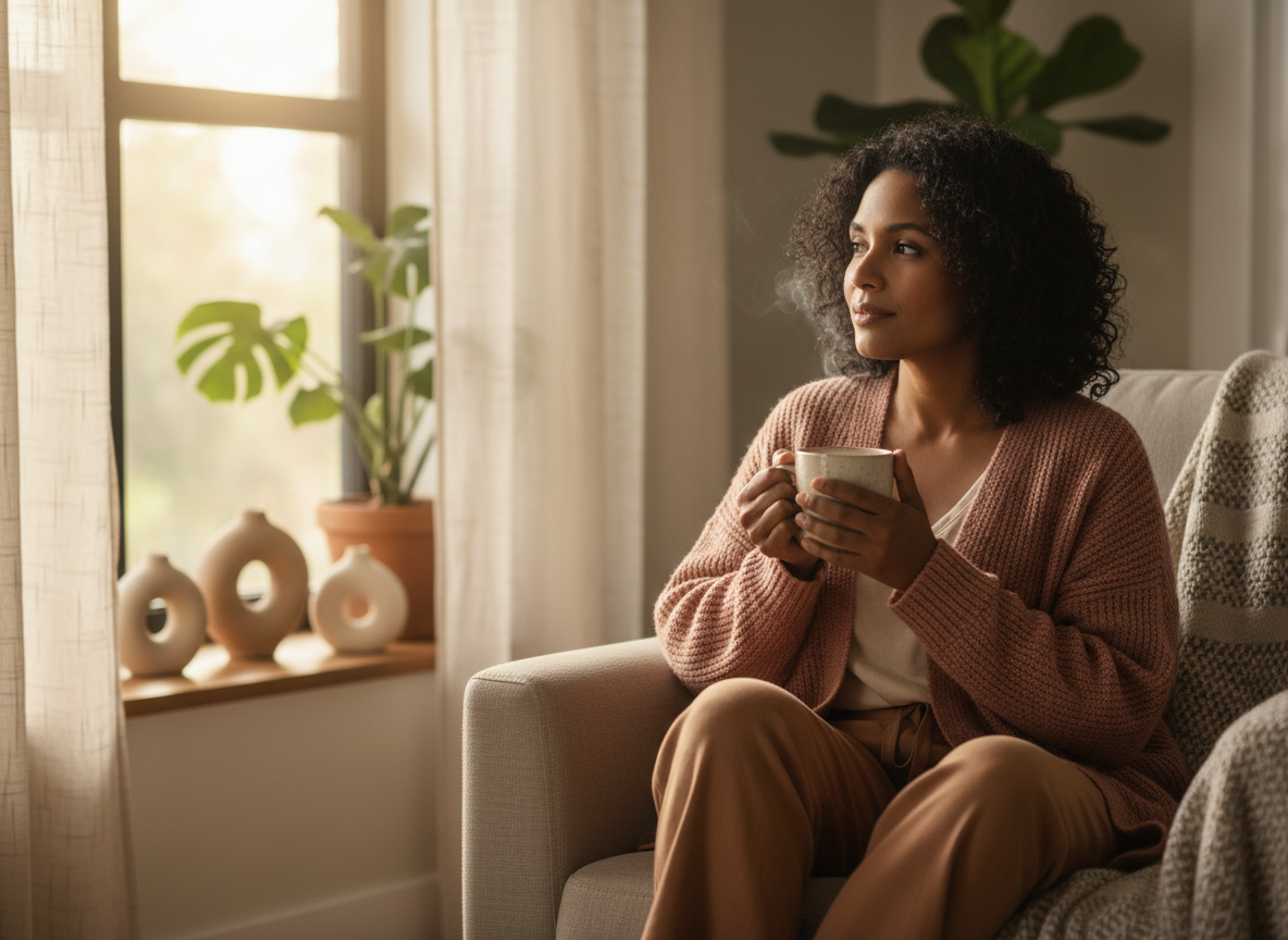 A woman sitting quietly by a window in warm morning light, holding a cup of tea, peaceful and reflective.