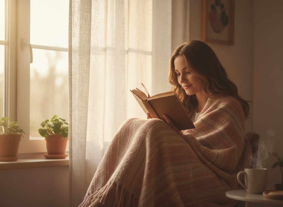 A woman reading quietly by a sunlit window, wrapped in a soft blanket